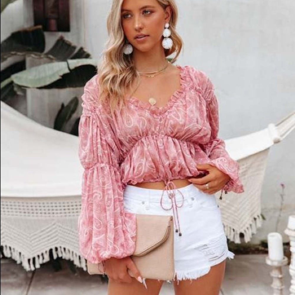 VICI Billowed Crop Drawstring Blouse NWT